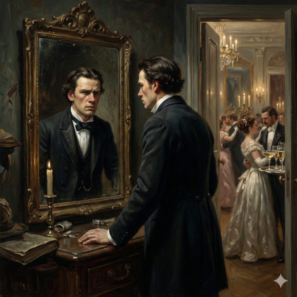 華やかな舞踏会を背景に鏡に映る自分の苦悩を見つめる青年