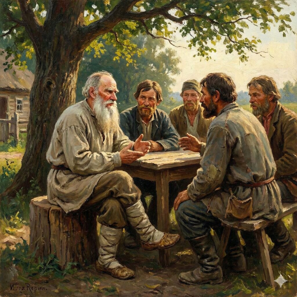 素朴な農民たちとテーブルを囲み温かく語り合うトルストイ