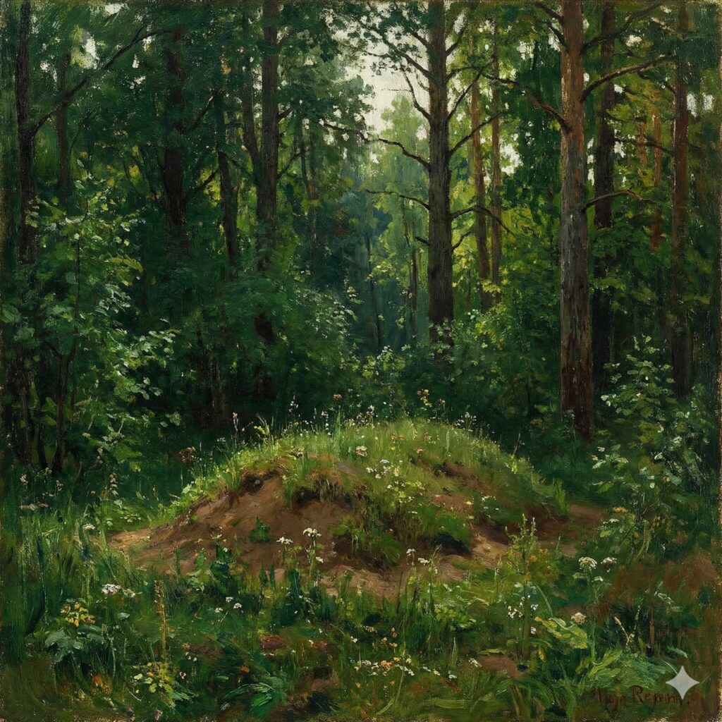 緑豊かな森の中にひっそりとある十字架のない盛り土の墓