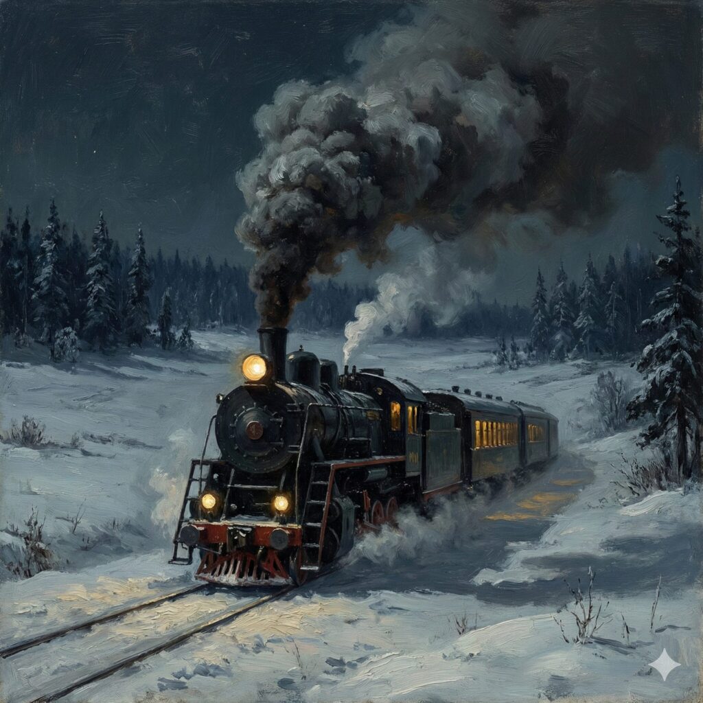 雪深いロシアの荒野を煙を上げて進む夜の蒸気機関車