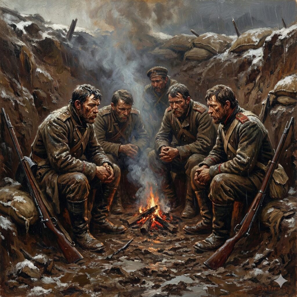泥にまみれた塹壕で焚き火を囲み疲弊した兵士たちの写実画