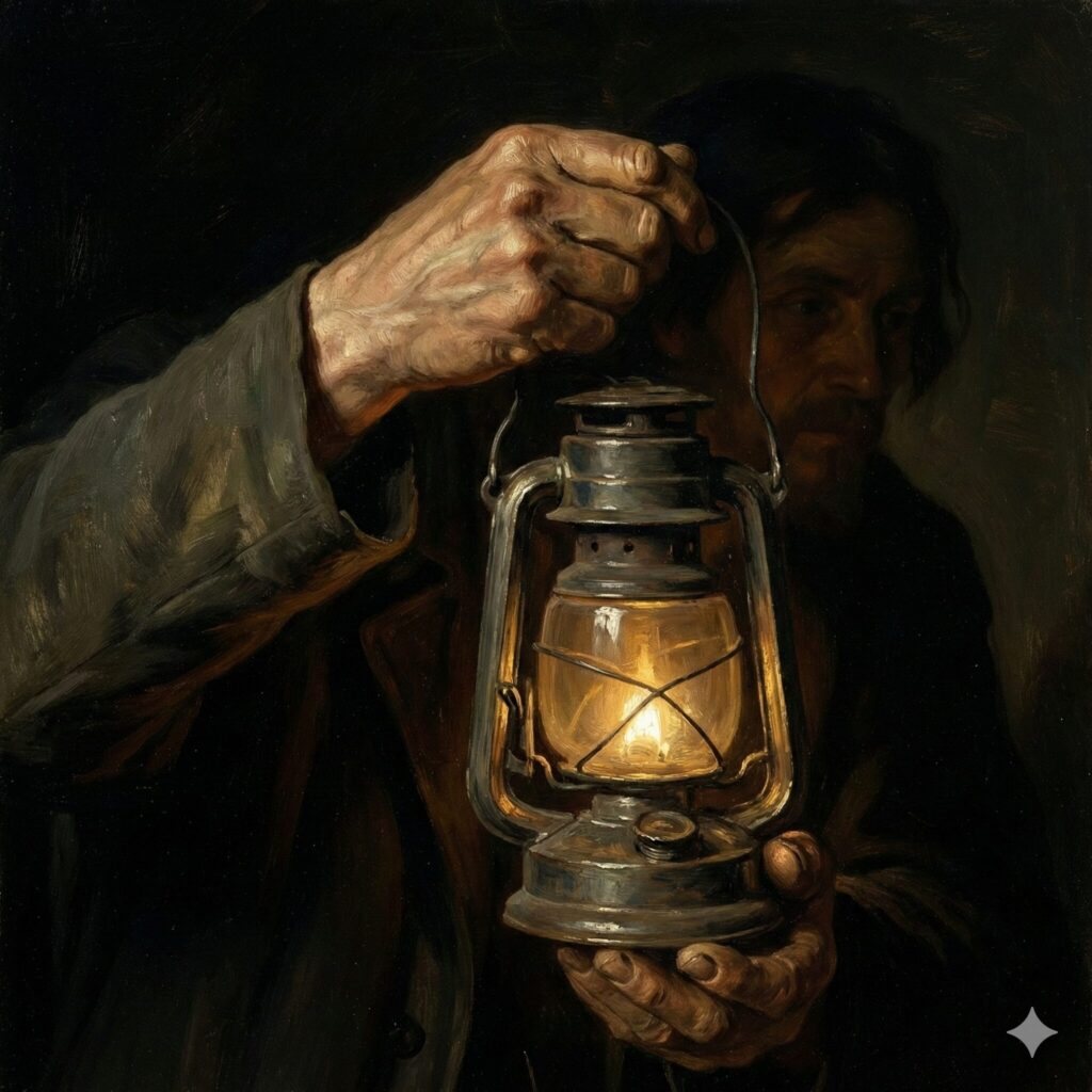 誰かのために暗闇の中でランタンを掲げている手のアップ