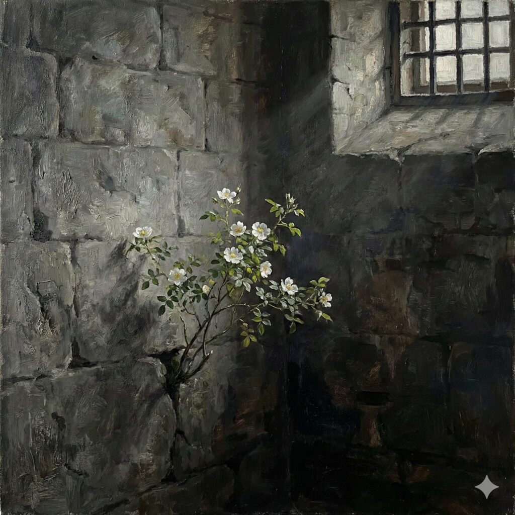 冷たい監獄の石壁の隙間から健気に咲く白い花