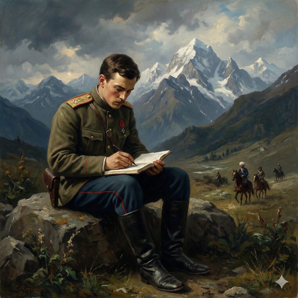 雪を頂いたコーカサス山脈を背景にペンを執る若い将校