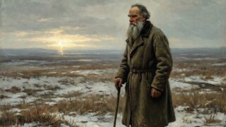 ロシアの荒野に立ち遠くの光を見つめる晩年のトルストイの油絵