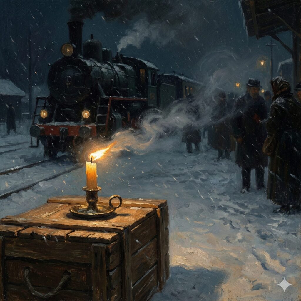 冬の夜の駅に停まる蒸気機関車と風に吹かれる蝋燭の炎