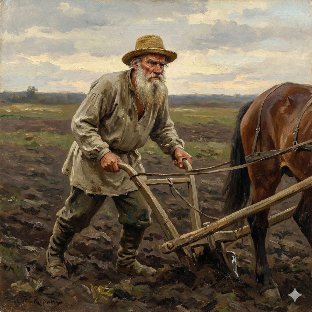 馬とともに荒地を耕す労働者姿のレフ・トルストイ