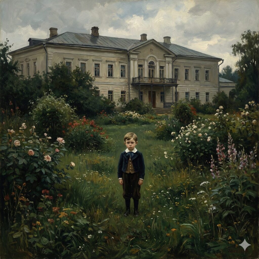 広大な屋敷の庭園に一人で佇む寂しげな少年時代のトルストイ