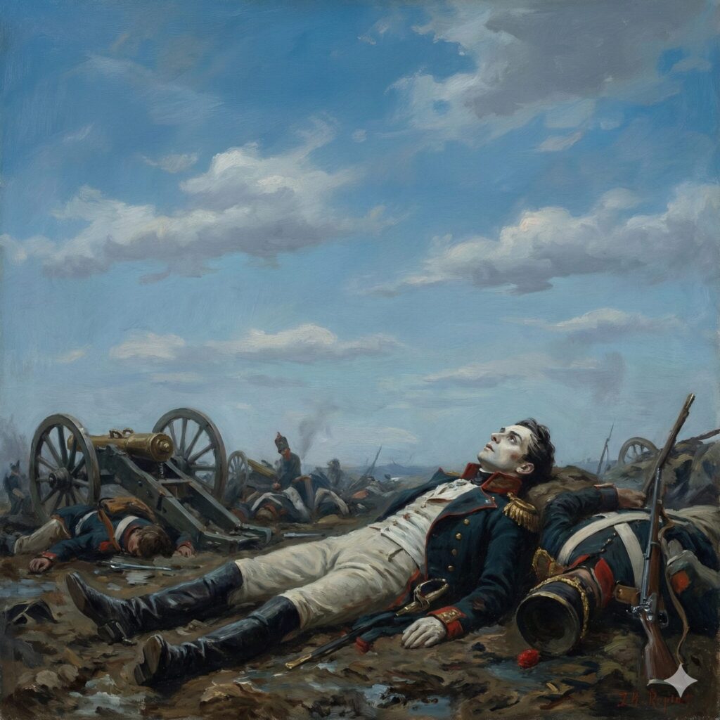 戦場に倒れ静かな青空と雲を見上げるアンドレイ公爵