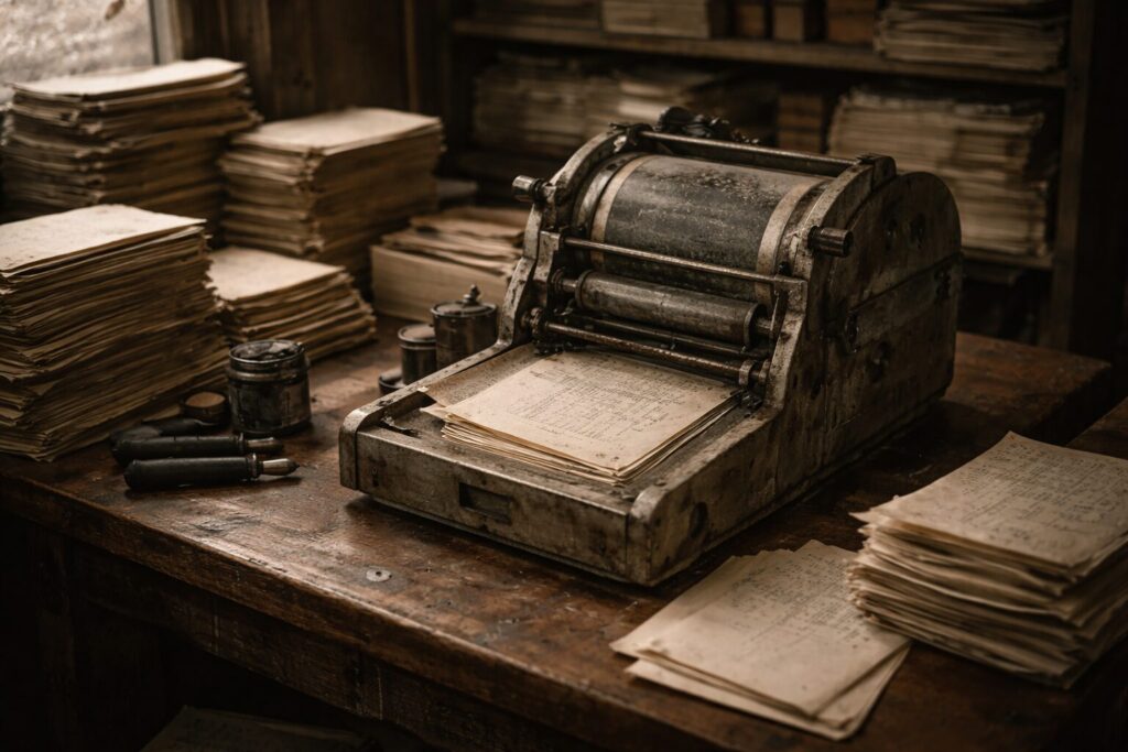 戦後の小さな印刷作業場とガリ版印刷機