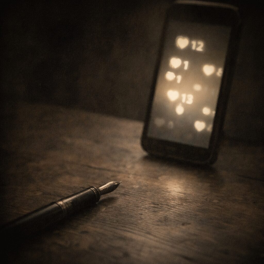 古い万年筆と光るスマートフォンの対比