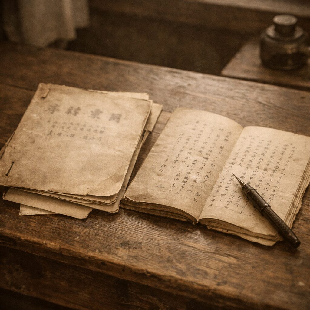 昭和期の木机に置かれた同人詩誌と手書きノート