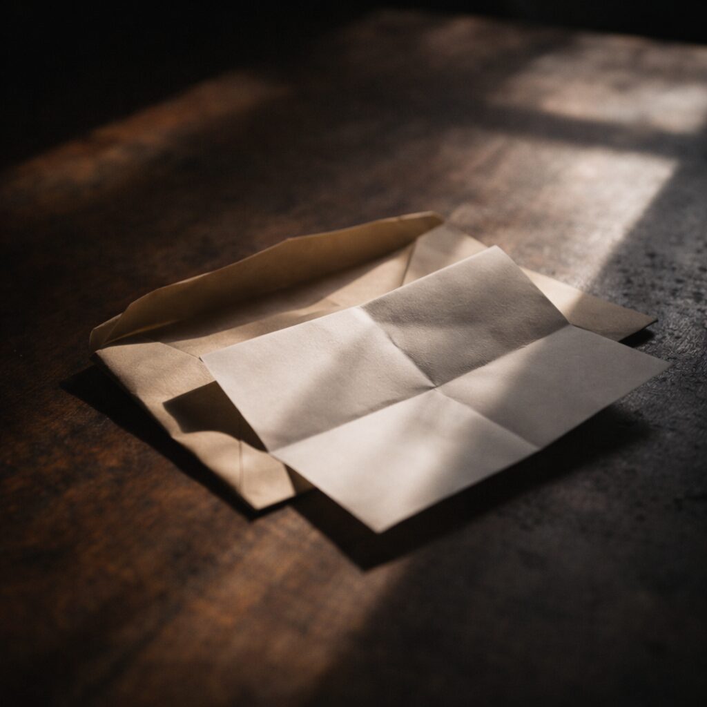 開封済み封筒が机に置かれた静物、芥川賞落選を暗示