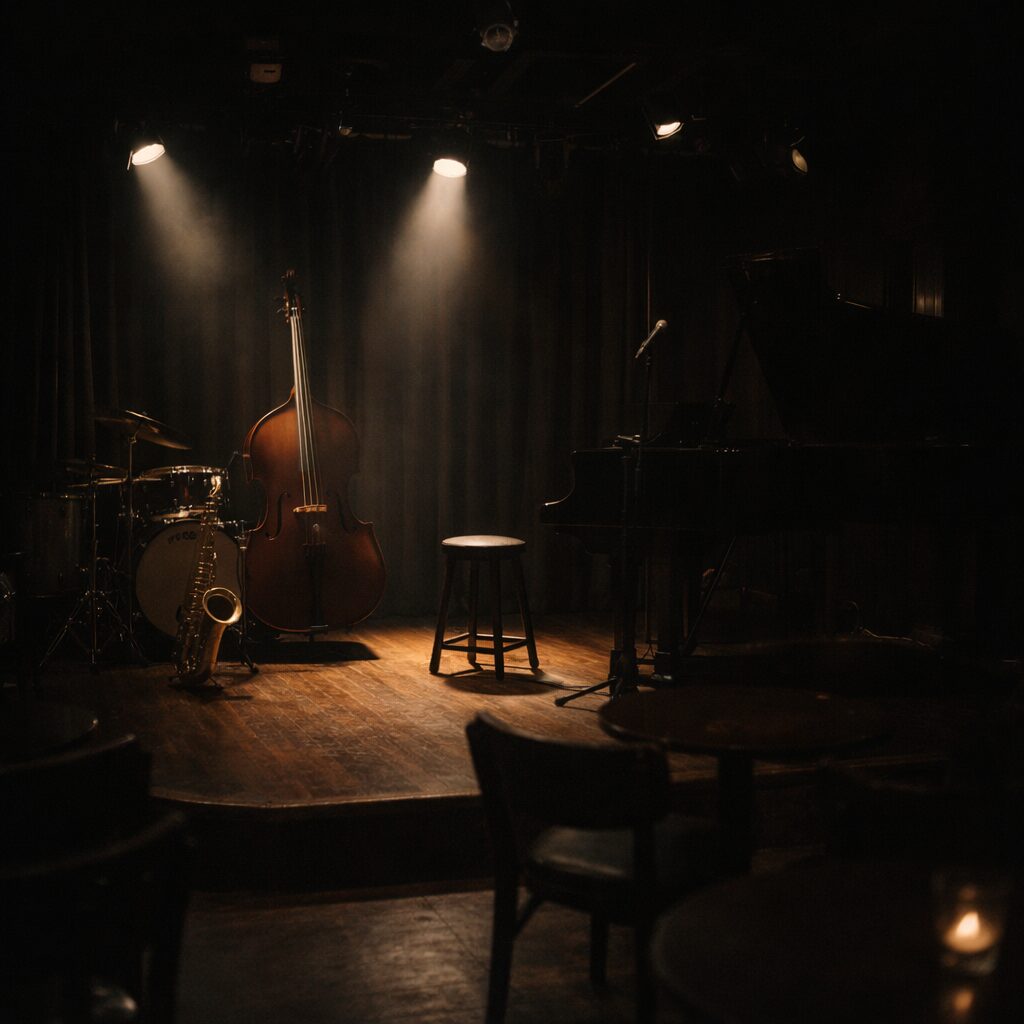 夜のジャズ喫茶の無人ステージ、スポットライトのみ点灯