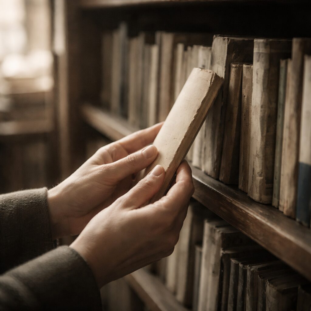 古書店の棚から薄い詩集を手に取る手元