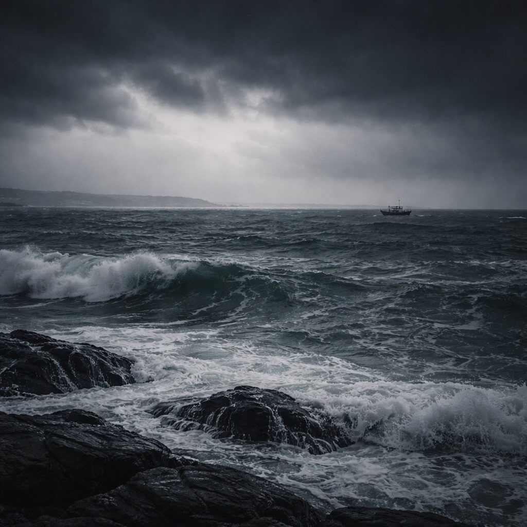 曇天の下で荒れる海、VIKINGの名に重なる荒波