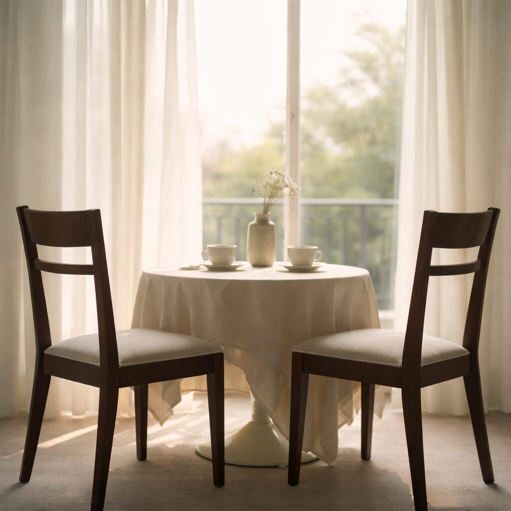 向かい合う二脚の椅子が置かれた静かな室内空間、対等な関係を象徴