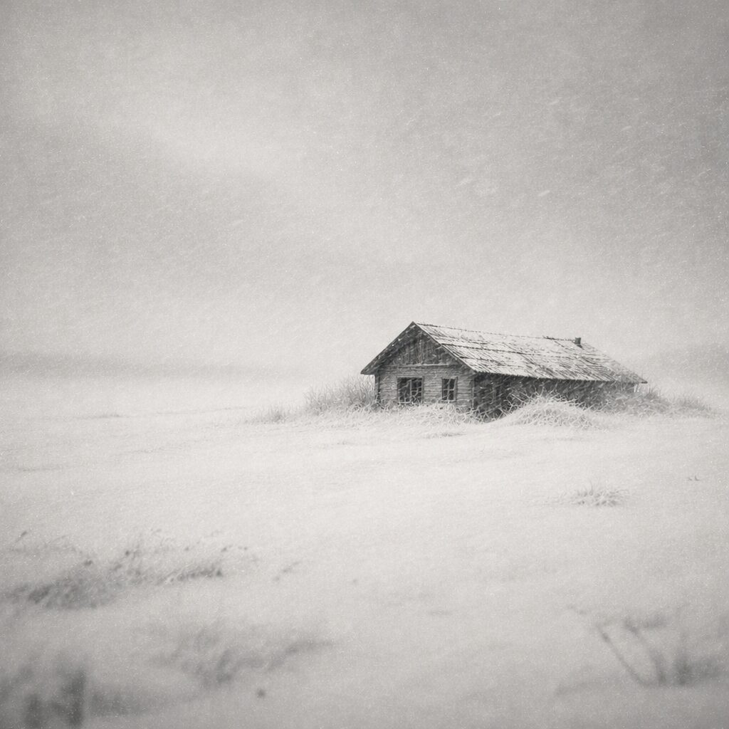 吹雪の中で雪に半ば埋もれた古い家屋
