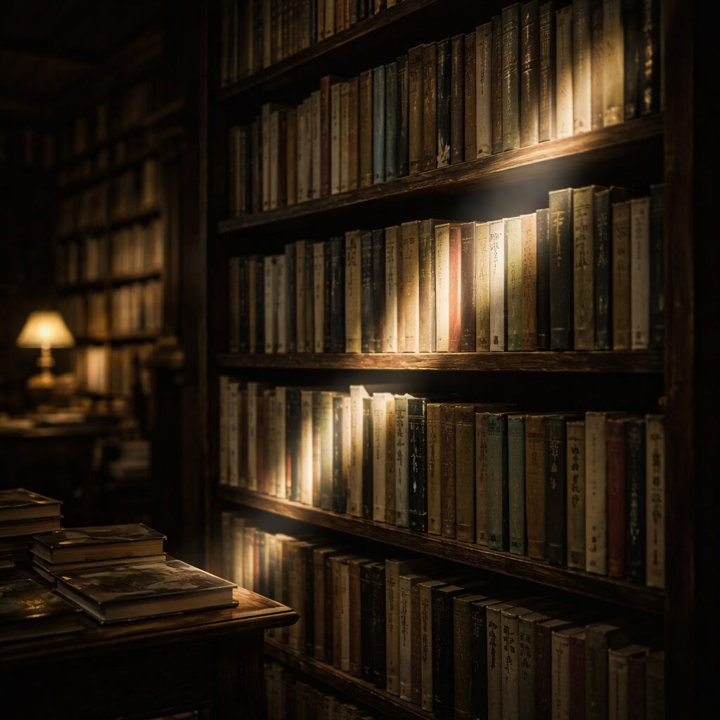 木製の書棚に並ぶ古い文学書、久坂葉子の作品に触れる読書空間を象徴する室内風景