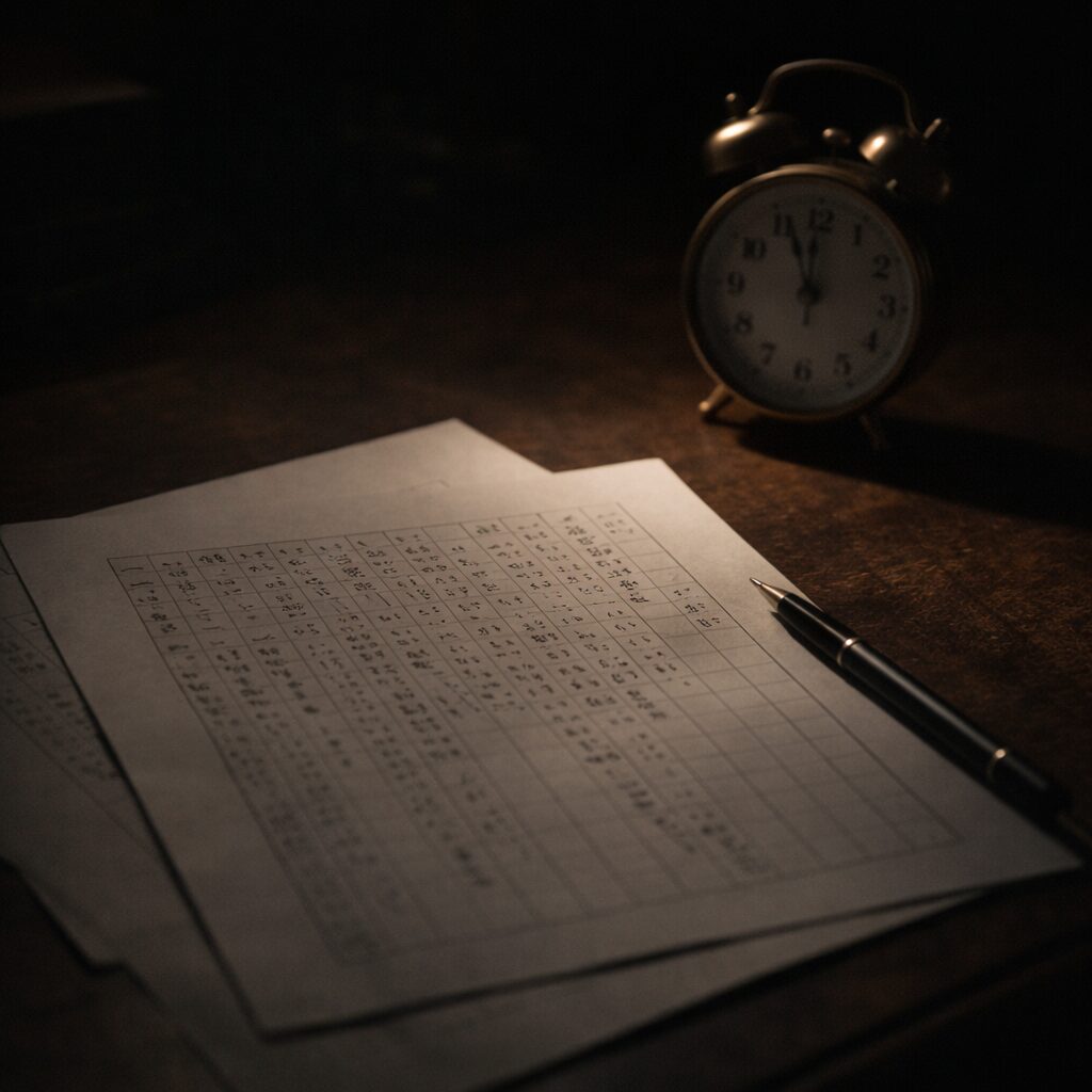 書きかけの原稿用紙と年末深夜を指す時計