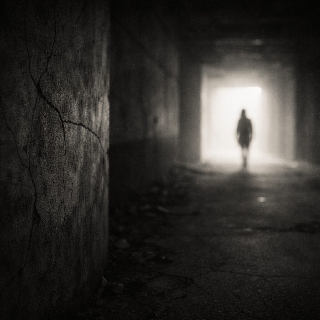 強い逆光の中、ひび割れたコンクリート壁の前に立つ小さな影