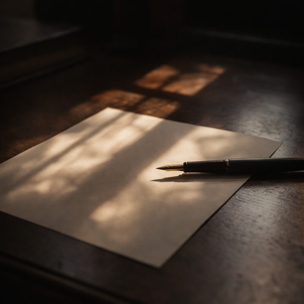 木の机に便箋と万年筆が置かれた静物、久坂葉子のペンネームを象徴