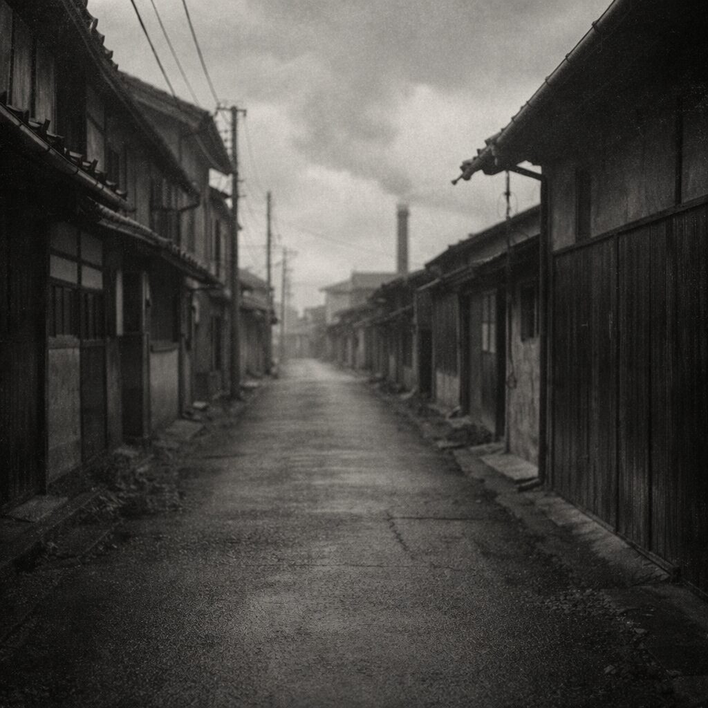 人影のない戦後の地方織物の町の路地と工場の煙突