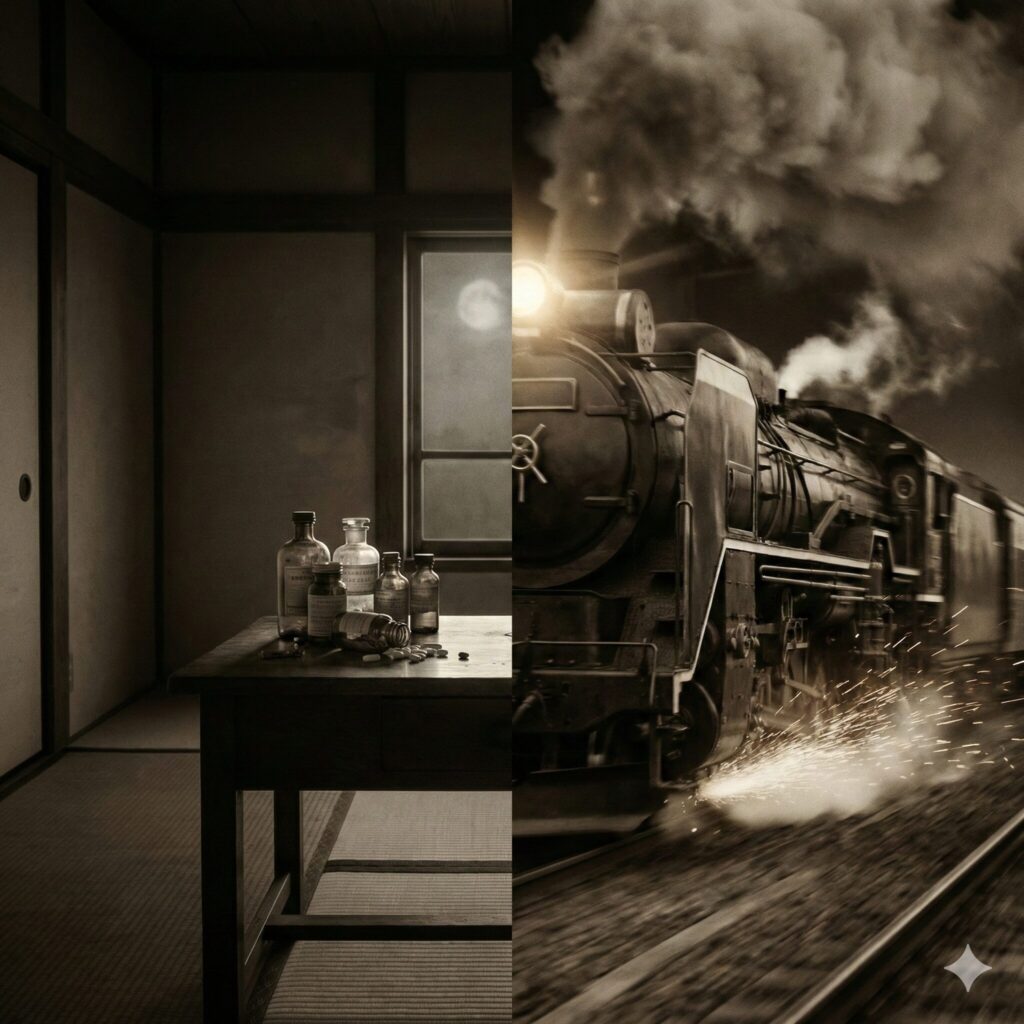 薬瓶のある和室と夜を駆ける蒸気機関車の対比