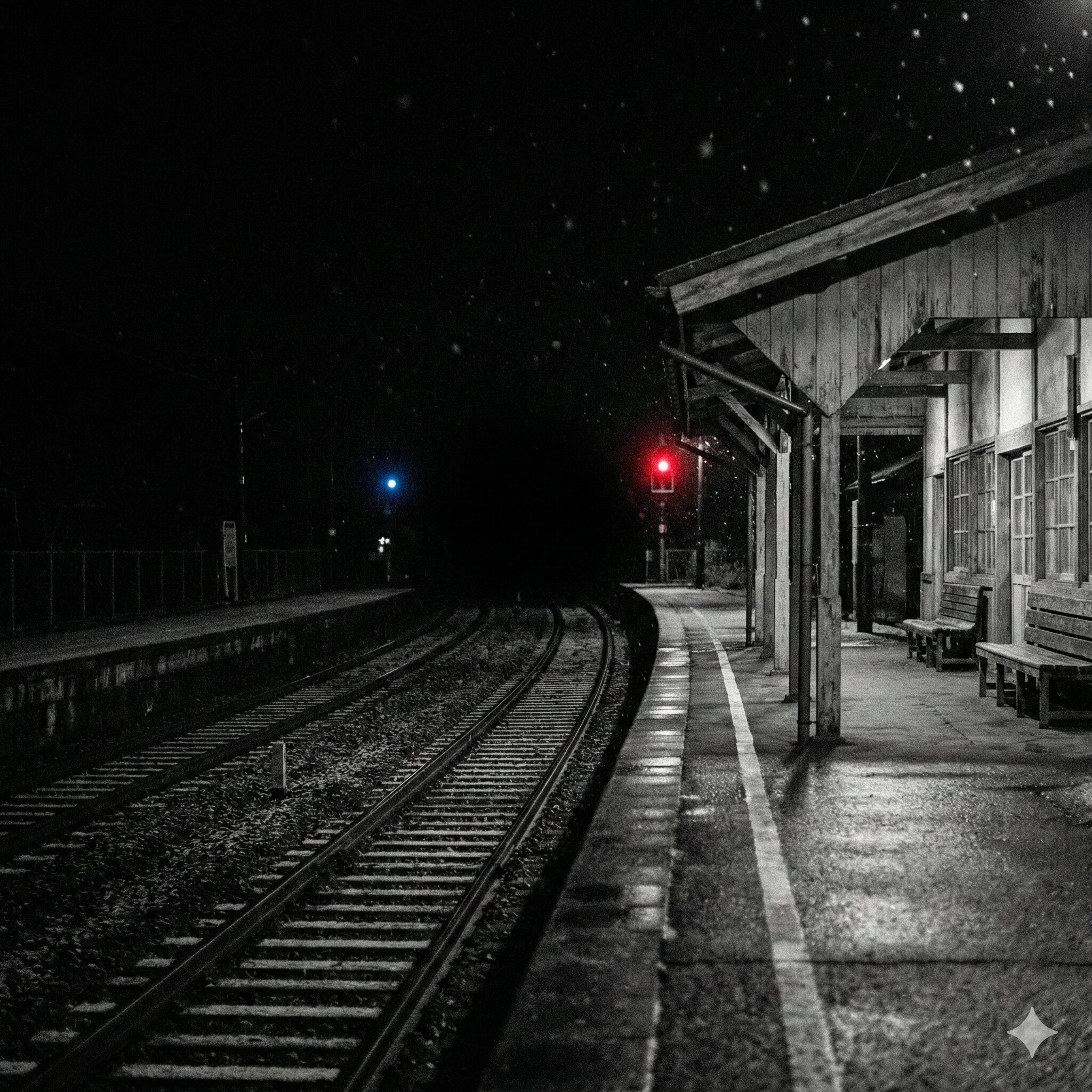 雪が舞う夜の無人の駅ホームと鉄路の光