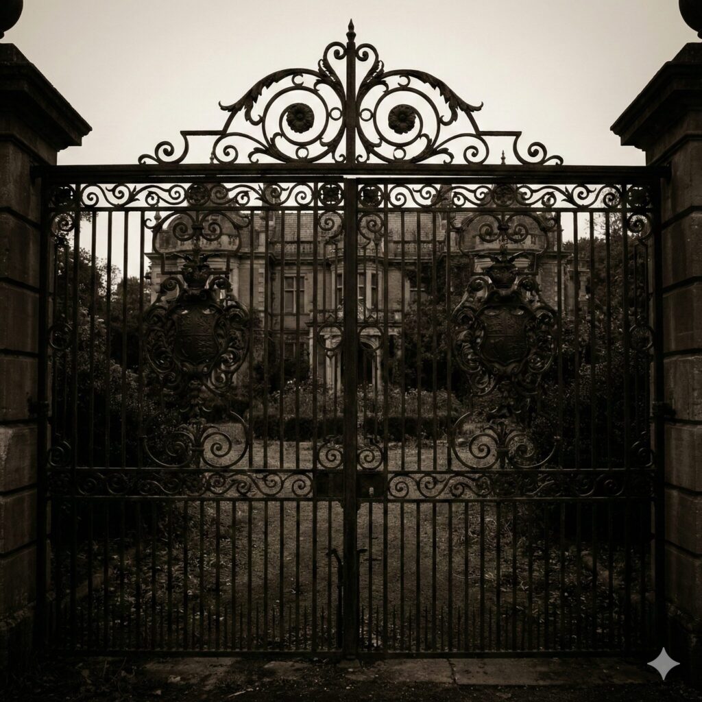 重厚で閉ざされた鉄格子の門扉と名家の豪邸