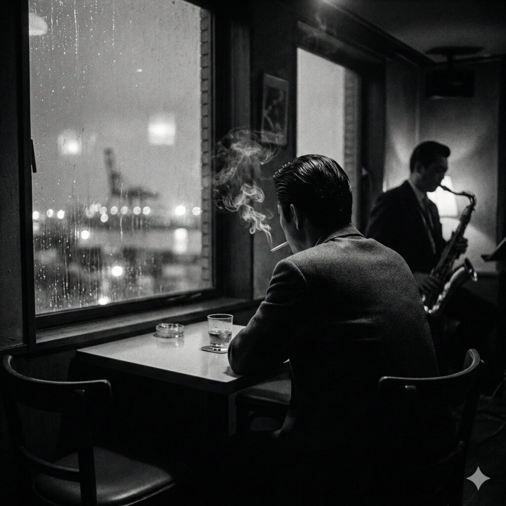 雨の夜のジャズ喫茶で独り煙草を吸う男の背中