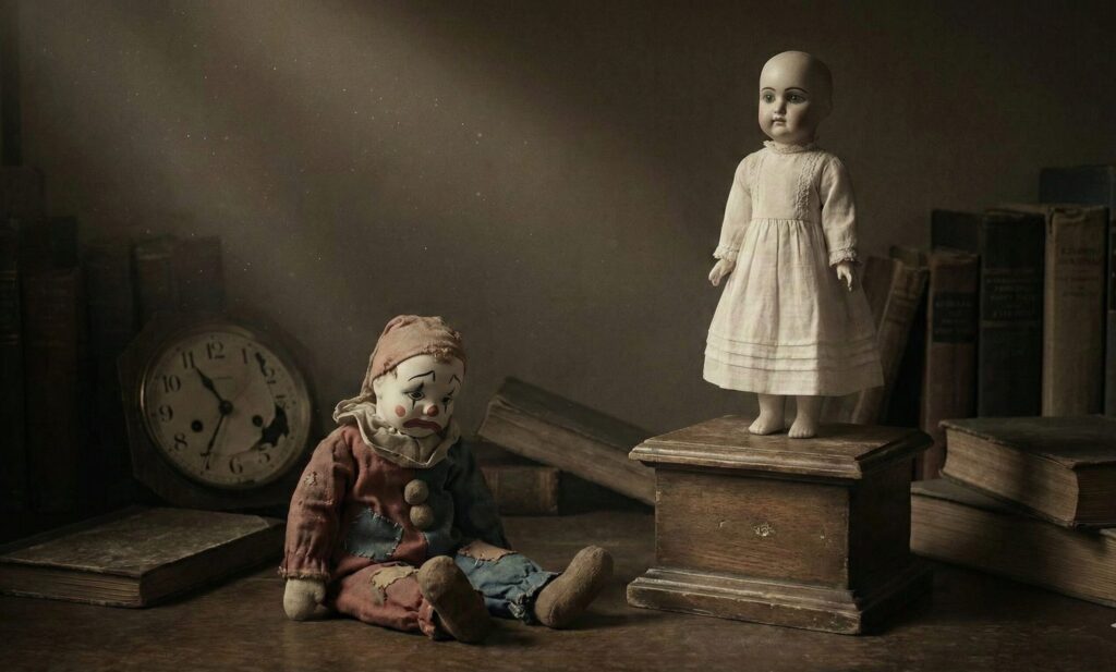 古びたピエロと白い人形が並ぶ静かな部屋