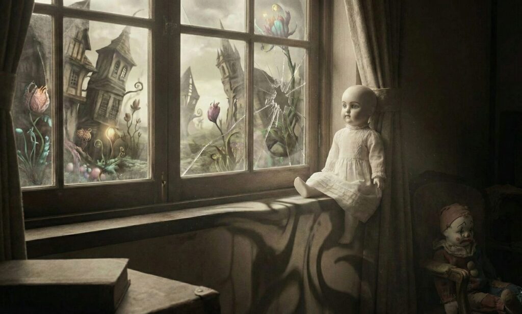 割れた窓越しに歪んだ世界を見つめる人形