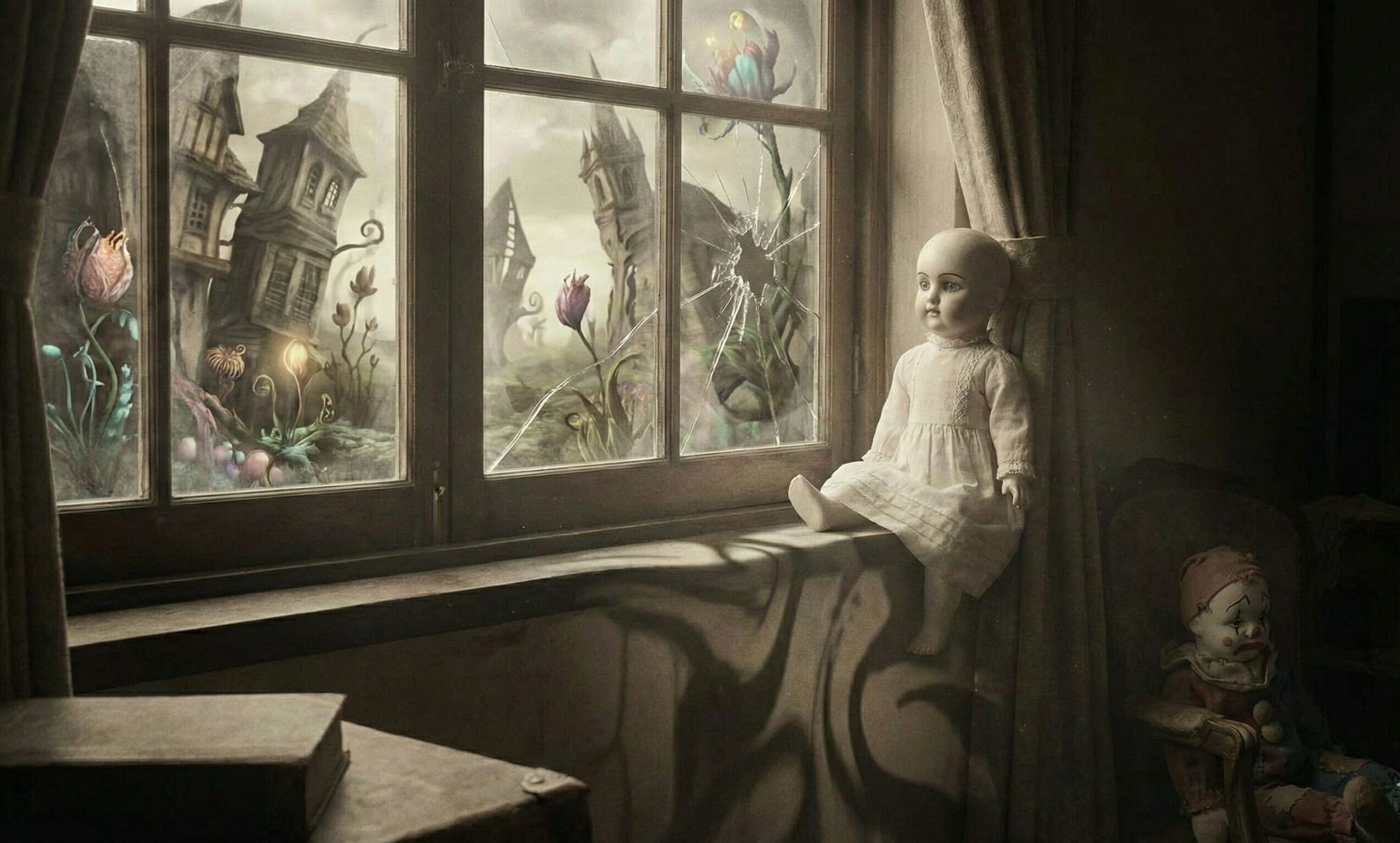 割れた窓越しに歪んだ世界を見つめる人形