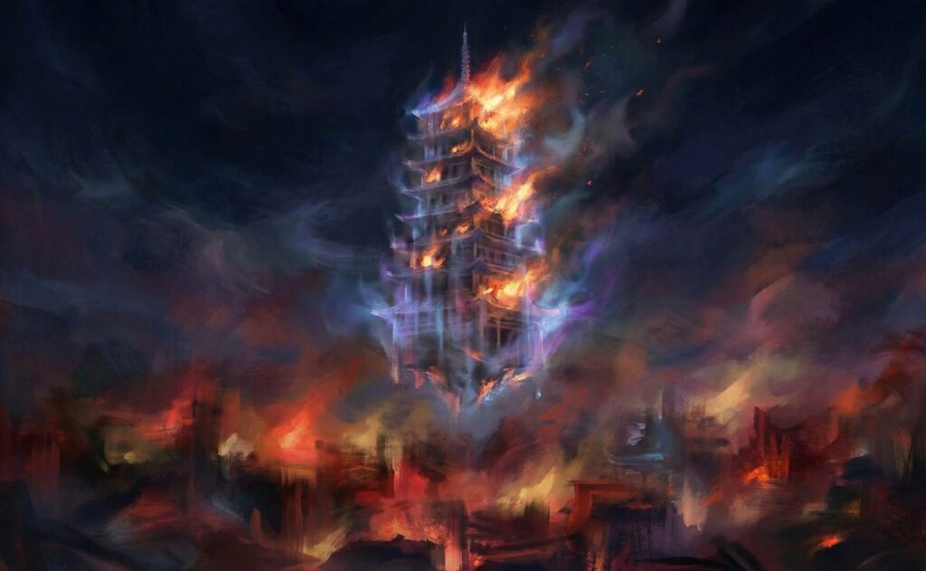 敗戦直後の夜空に赤く燃え上がりながら宙に浮く、幻想的な十二階建ての塔の絵画