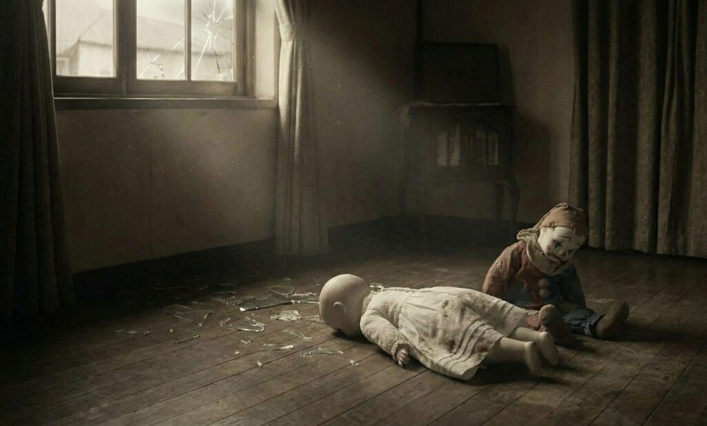 床に倒れ壊れた白い人形と寄り添うピエロ