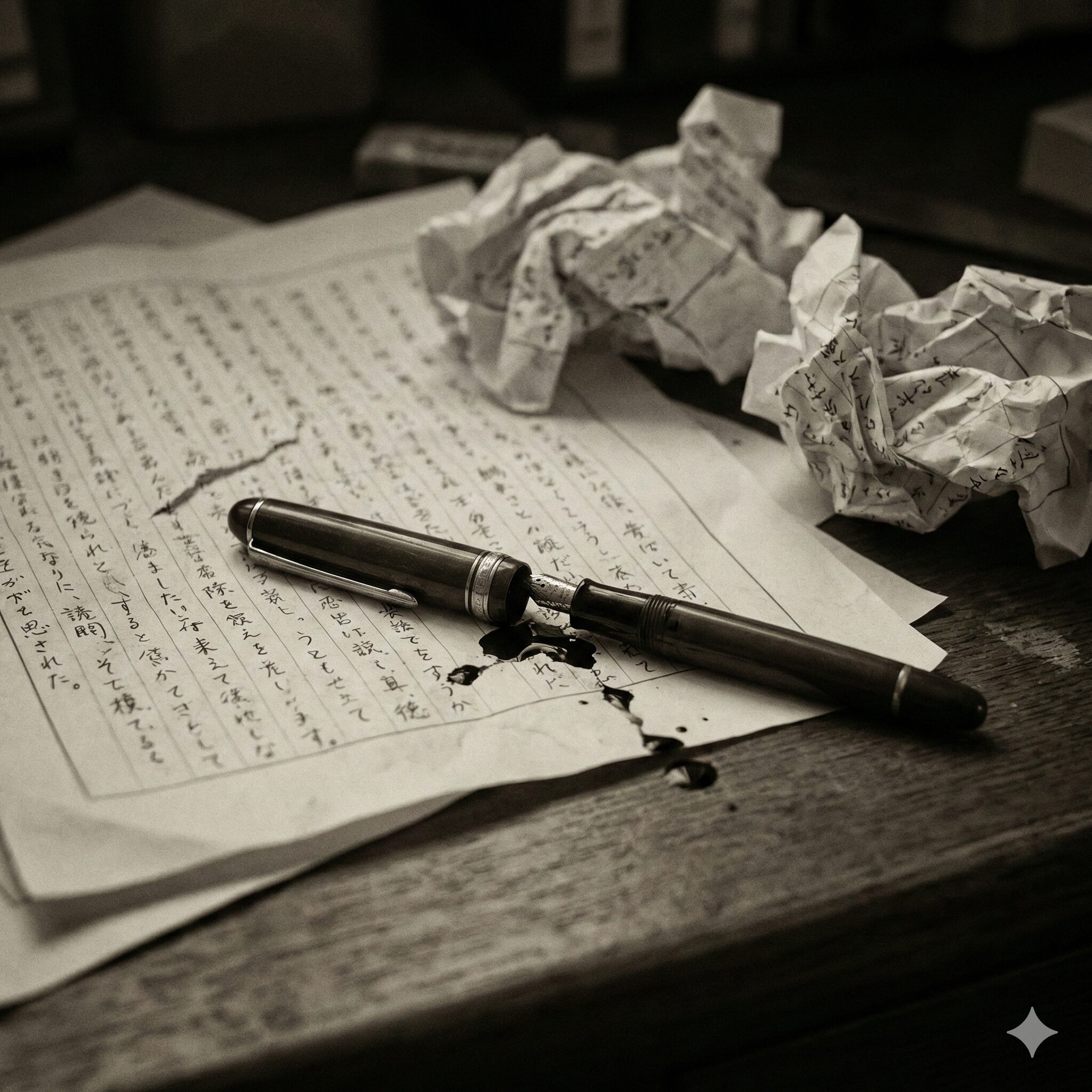 インクが滲んだ原稿用紙と折れた万年筆