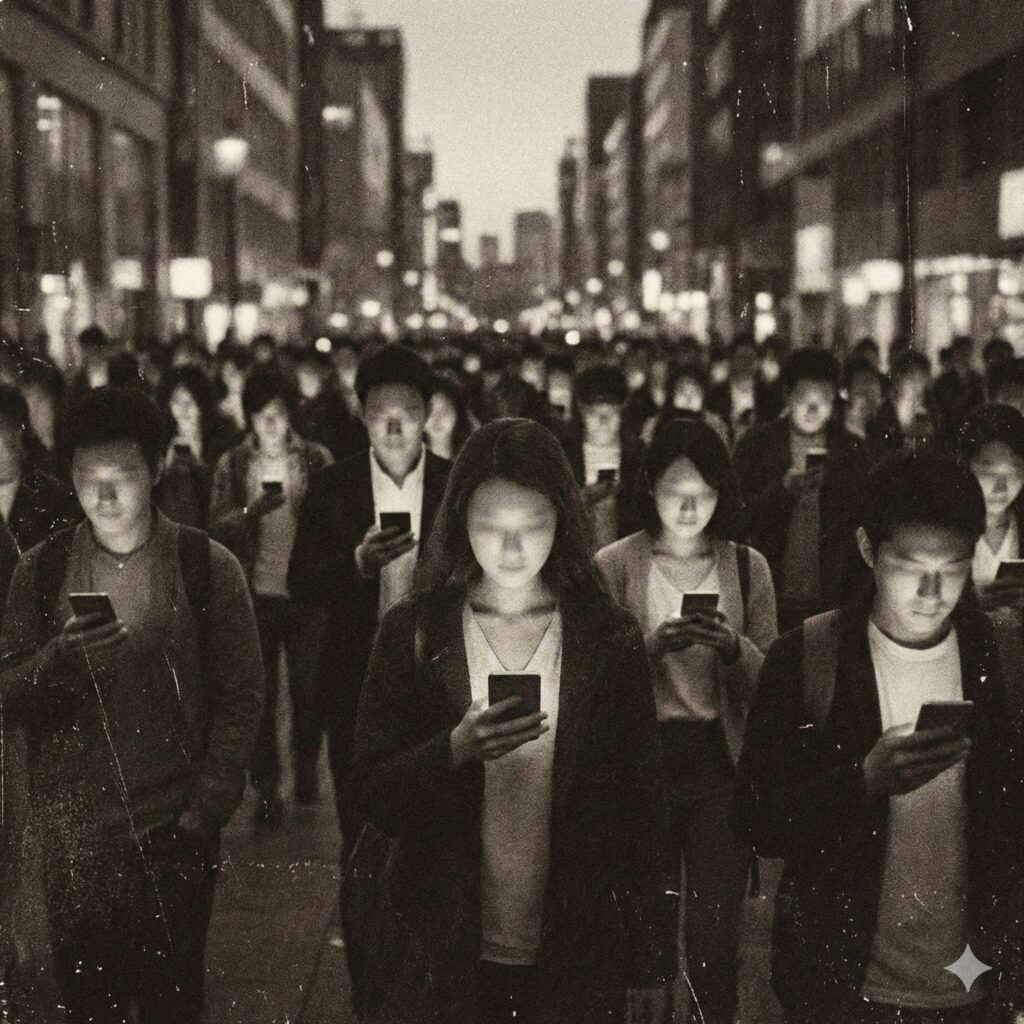 スマホを見つめ顔が白く光る群衆のモノクロ写真