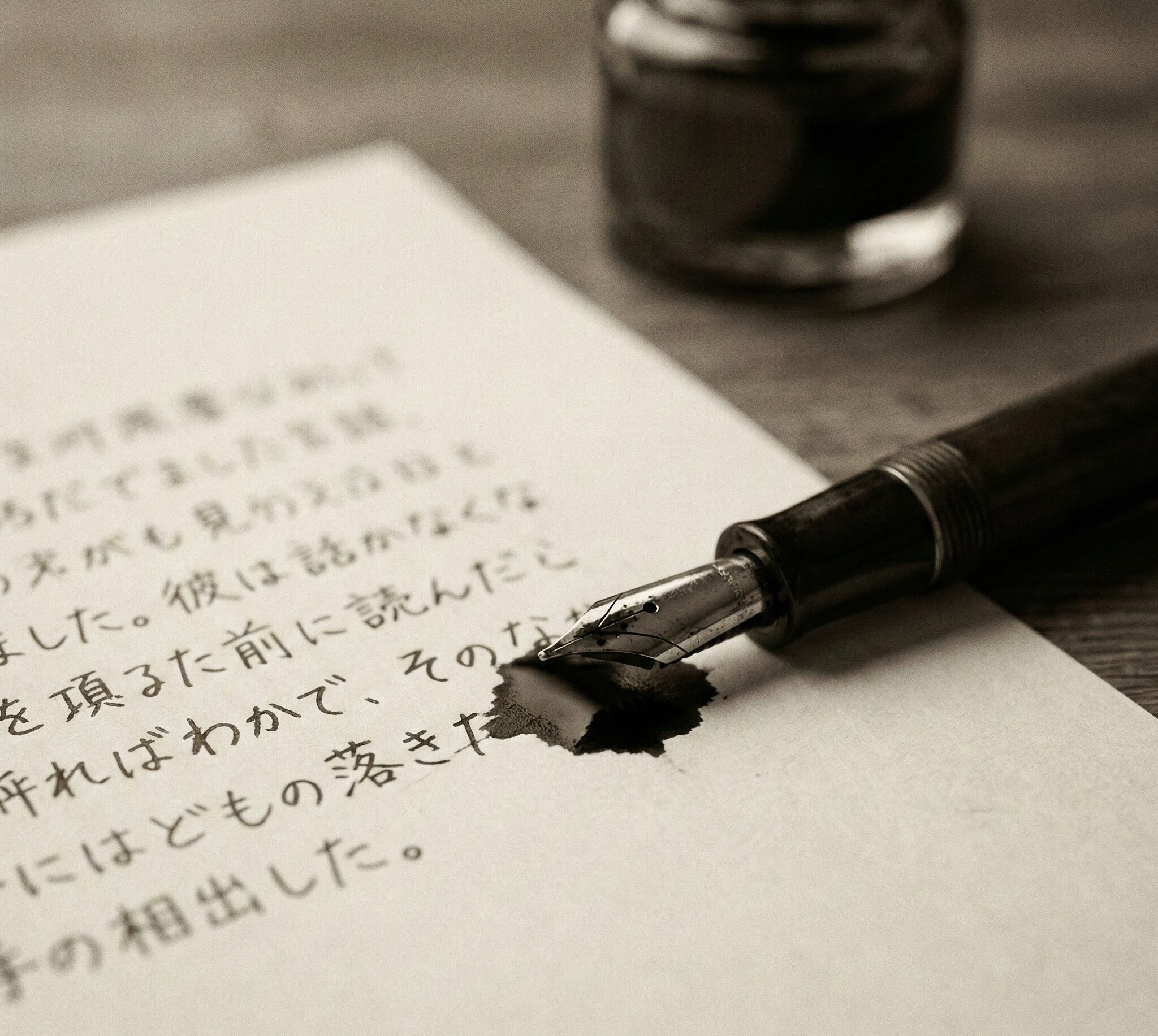 文字の途中で万年筆が止まった未完の原稿