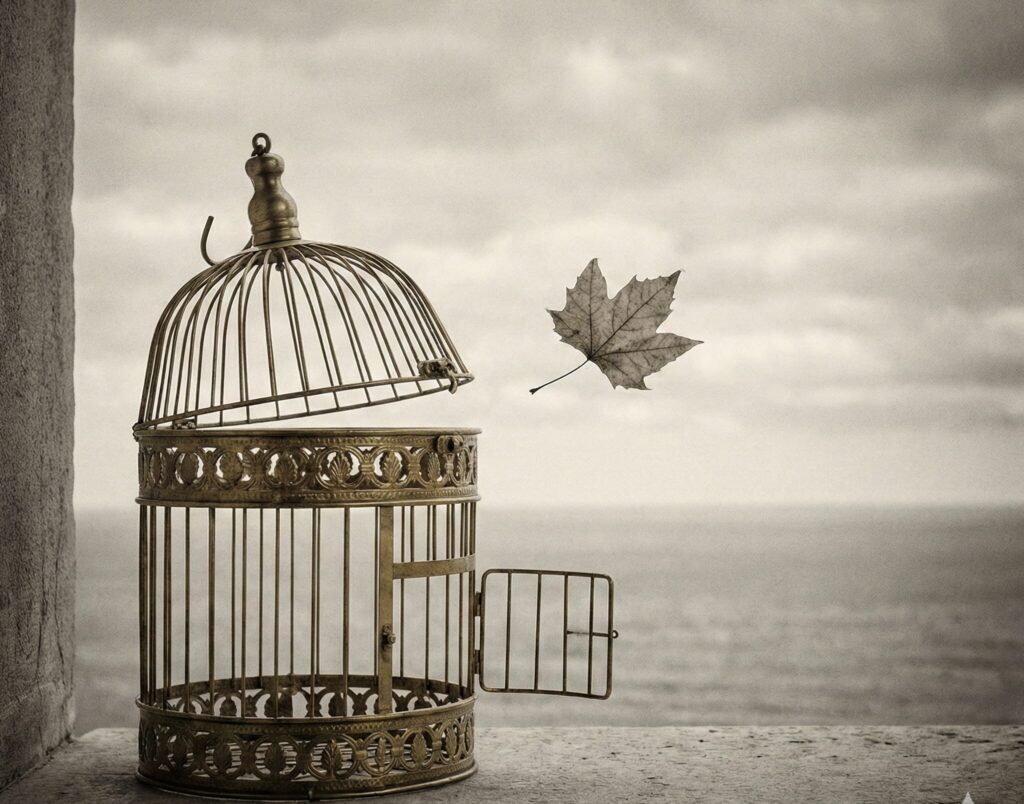 黄金の鳥籠から空へと飛び立つ一枚の木の葉