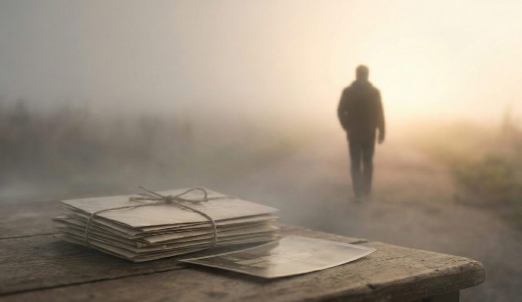 霧の中、手紙の束が置かれたテーブルと、遠ざかっていく人の後ろ姿