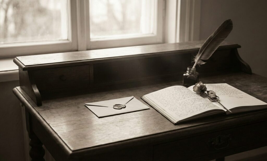 アンティークな机に置かれた羽根ペン、開いたノート、手紙、一輪の枯れた薔薇