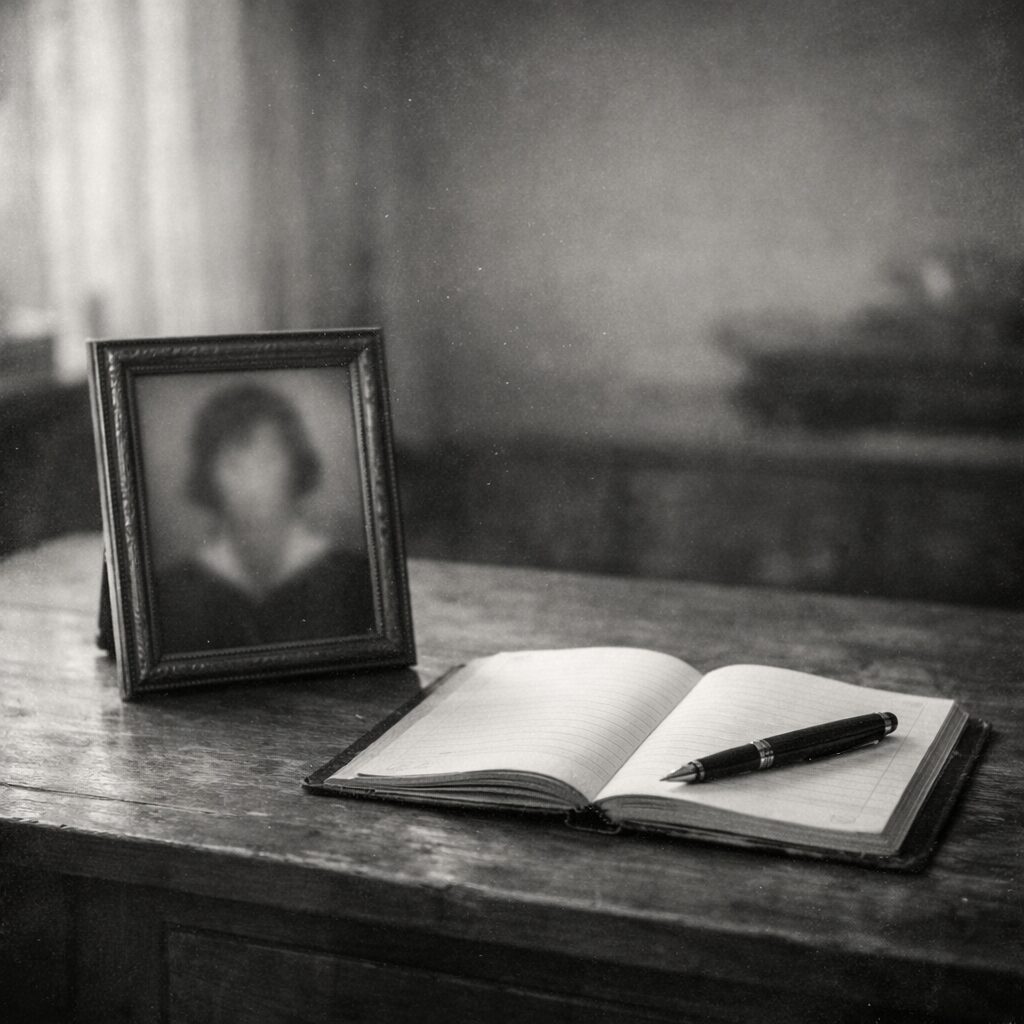 戦後の静かな室内で、古い写真立てと女学生のノートが置かれた木の机