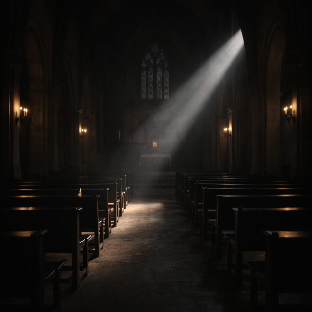 薄明の教会内部に一条の光が差す無人空間