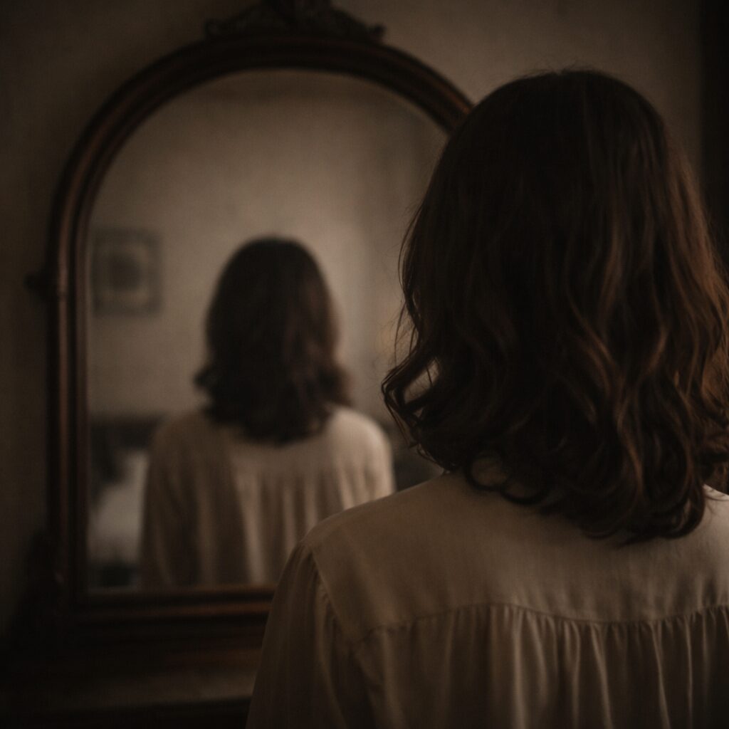 鏡に映る後ろ姿の人物、顔は見えない構図