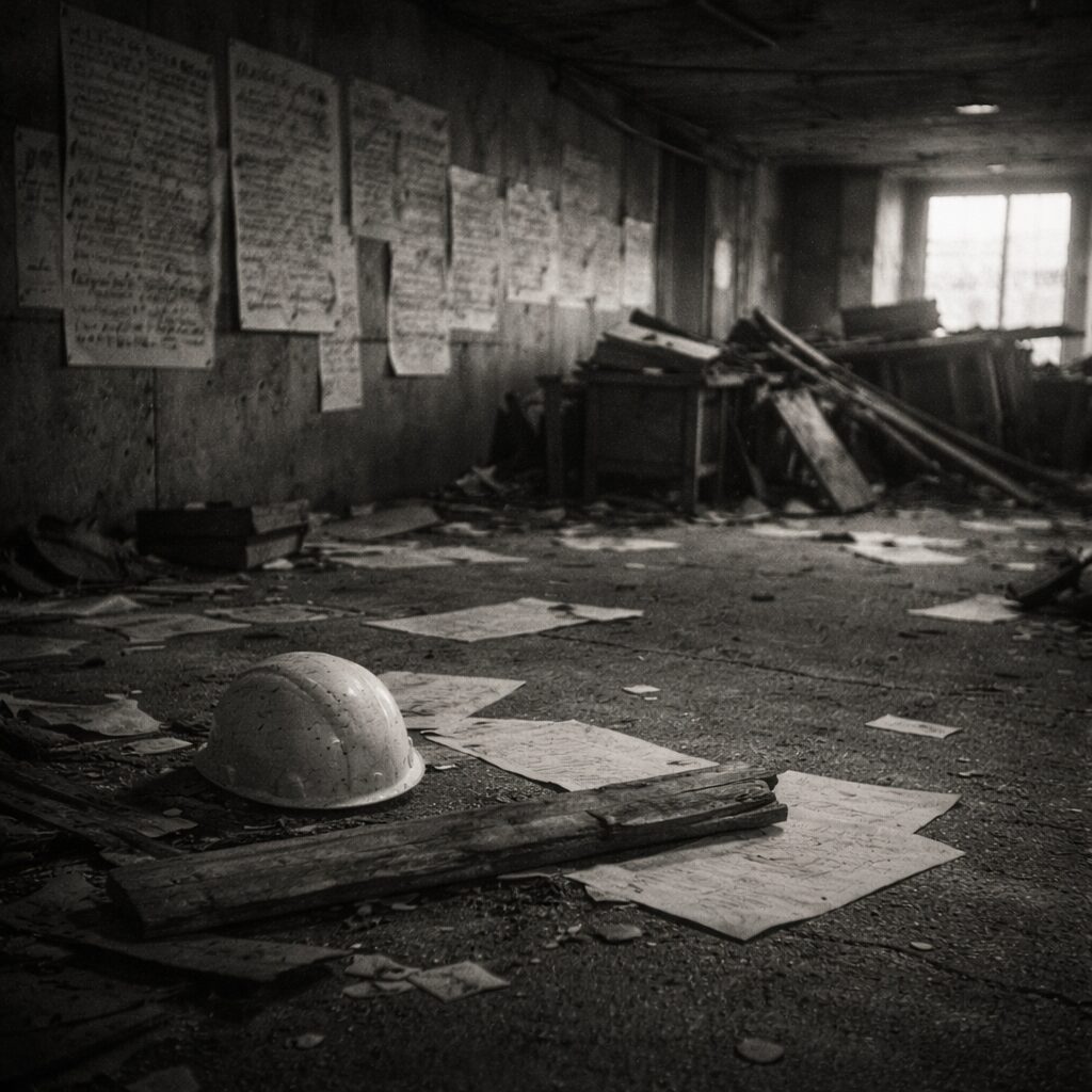 占拠された大学の室内に残されたヘルメットと紙片