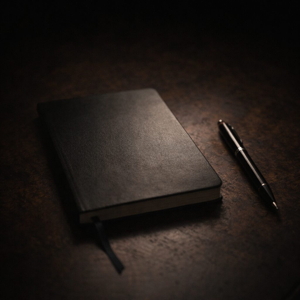 閉じたノートと置かれたペン、手は写らない