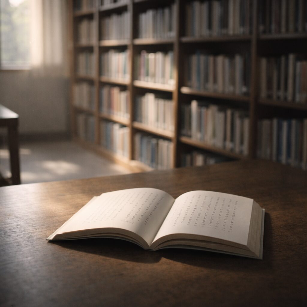図書館の机に置かれた開かれた文庫本