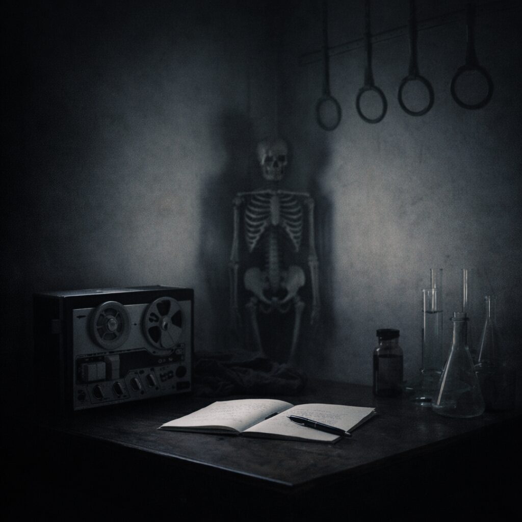 録音器と骨格模型が置かれた静物写真