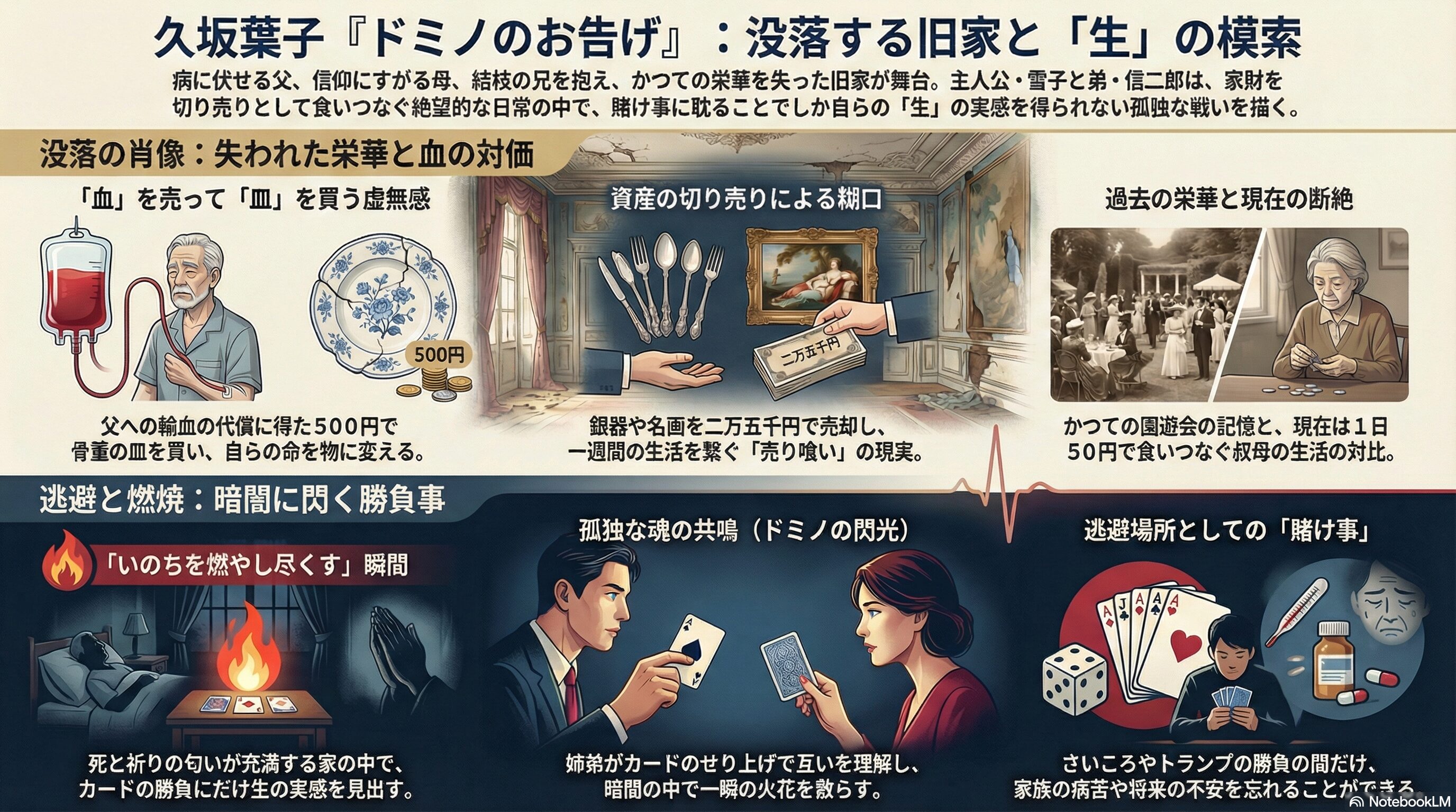 久坂葉子『ドミノのお告げ』のあらすじ、テーマ、象徴的な場面（血を売って皿を買う虚無感や賭け事による生の燃焼）をまとめた図解画像。